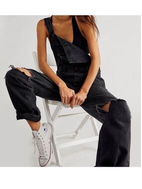 Free People Ziggy Distressed Overalls Size Large L Black Baggy Oversized Denim